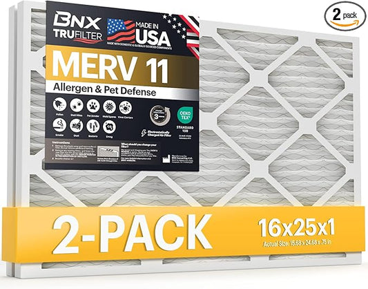 BNX TruFilter 16x25x1 Air Filter MERV 11 (2-Pack) - MADE IN USA - Allergen Defense Electrostatic Pleated Air Conditioner HVAC AC Furnace Filters for Allergies, Dust, Pet, Smoke, Allergy MPR 1200 FPR 7
