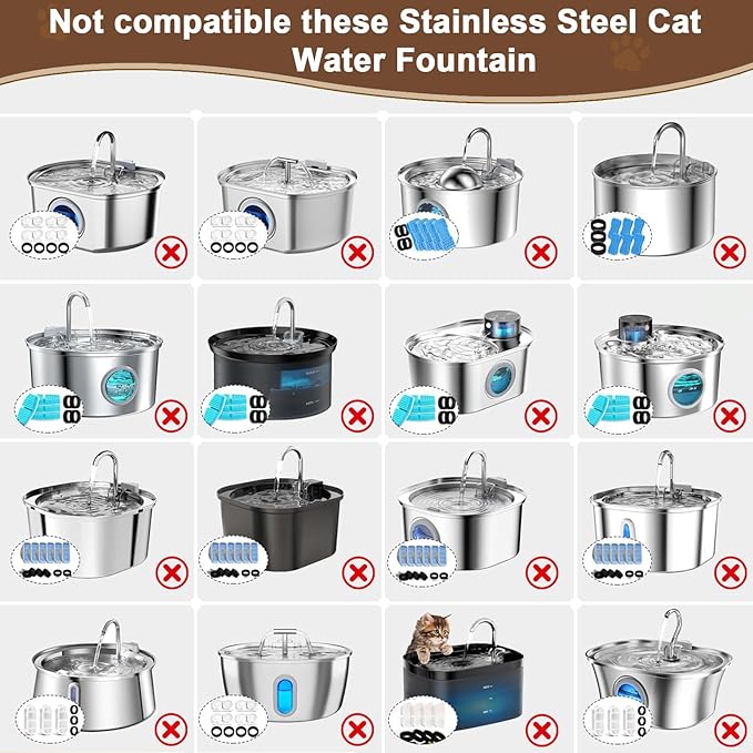 Cat Water Fountain Filter Replacement Kit - 6 Cat Fountain Filters, 6 Sponges & 1 Brush, Compatible with Stainless Steel Pet Fountains