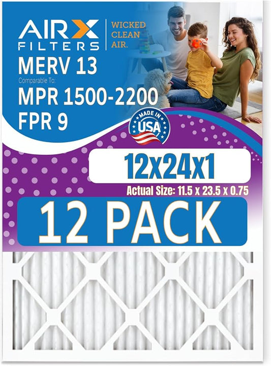 12x24x1 Air Filter MERV 13 Rating, 12 Pack of Furnace Filters Comparable to MPR 1500-2200 & FPR 9 - Made in USA by AIRX FILTERS WICKED CLEAN AIR.