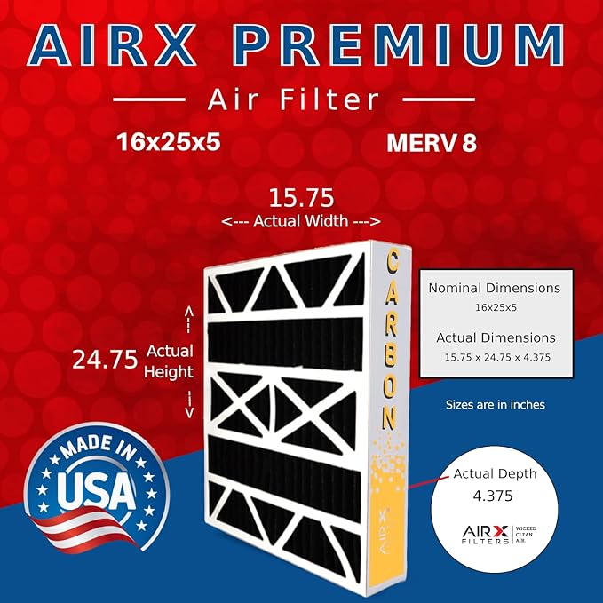 AIRX FILTERS WICKED CLEAN AIR. 16x25x4 Air Filter Odor Eliminator Carbon Filter MERV 8 Compatible with Honeywell FC100A1029 EXPXXFIL0016 2 Pack