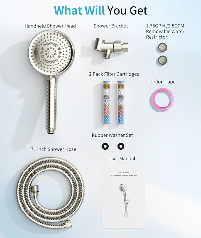 Filtered Shower Head with Handheld, 10 Spray Mode High Pressure Shower Head with Filters, Shower Filter Head for Hard Water, Powerful Spray for Cleaning, 2 Replaceable Filters Included, Brushed