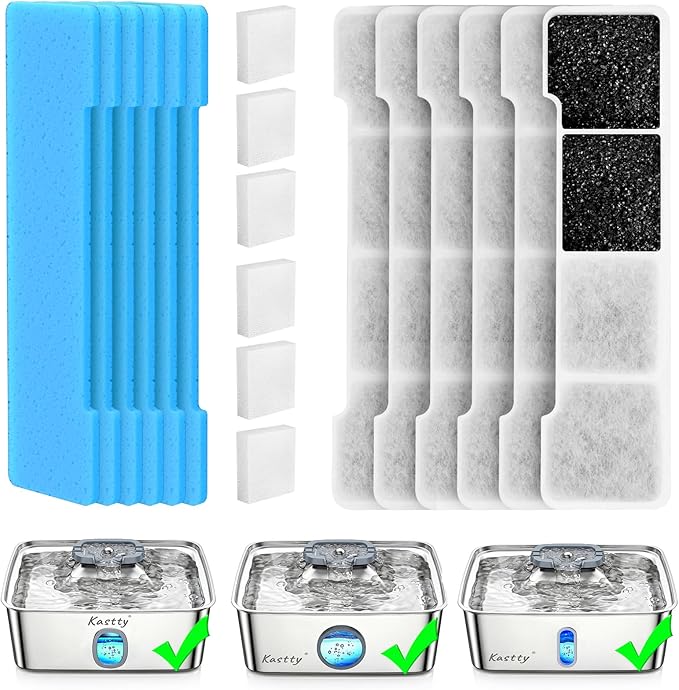 Kastty 15L Dog Water Fountain Filter Replacement, Pet Water Fountain Filter Made of Activated Carbon and PP Cotton, 6 Pack Dog Water Filter Dispenser 6 Pack Pre-Filter Sponge with 6 Pump Sponge