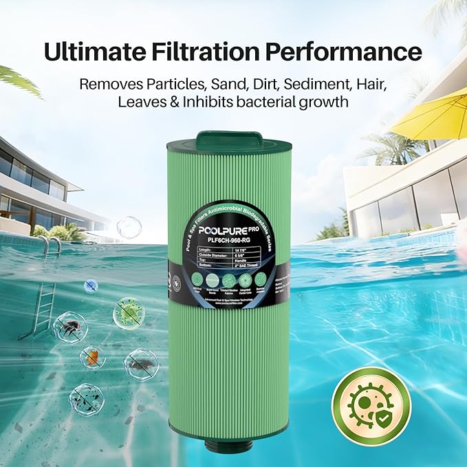 POOLPURE 6CH-960 Antimicrobial Spa Filters, Compatible with PJW60TL-F2S, Jacuzzi J-300, J400, Unicel 6CH-960, FC-2800, 6540-476, 6540-383, Hot Tub Filter with Closed Handle