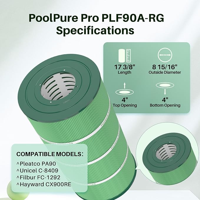 POOLPURE C900 Antimicrobial Pool Filter, Compatible with Hayward C900, CX900RE, Pleatco PA90, Ultral-B6, Unicel C-8409, Filbur FC-1292, Sta-Rite PXC95, Antimicrobial Fabric, LxOD: 17 3/8" x 8 15/16"