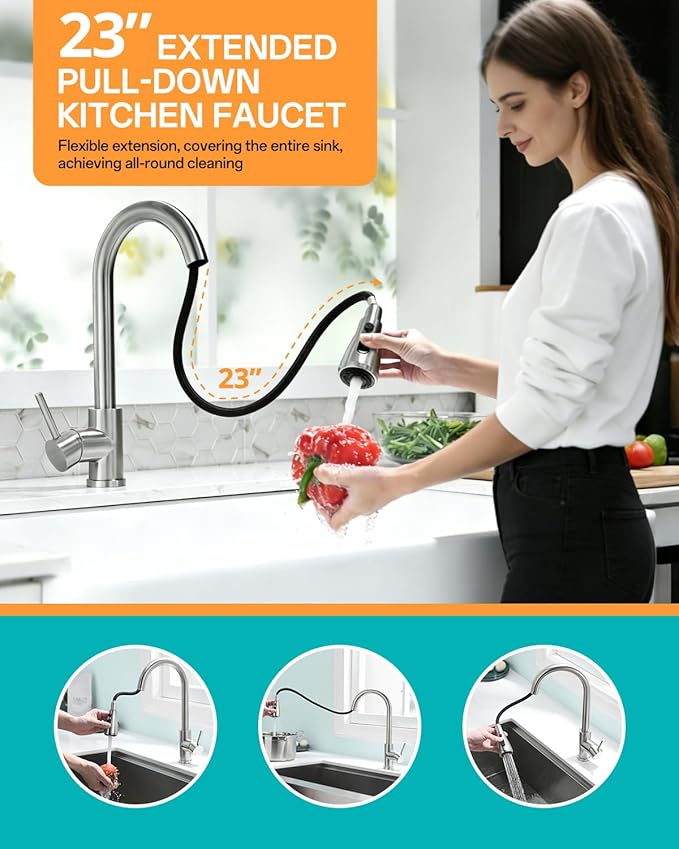 Kicimpro Kitchen Faucets with Pull Down Sprayer, NSF Certified Lead-Free 304 Stainless Steel Sink Faucet 1 Hole, Faucet for Kitchen Sink, Rv, Bar, Camper, Laundry, Easy Installation,Brushed Nickel
