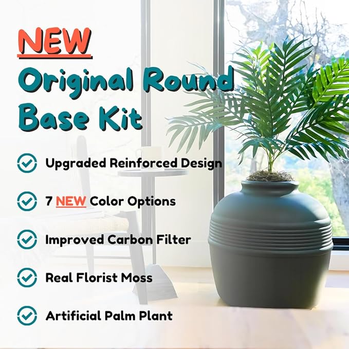 Good Pet Stuff Hidden Litter Box Planter, Decorative Cat Litter Enclosure with Carbon Filter & Faux Plant, Made in USA, Odor Control, Improved Design, NEW Round Style, Base Kit, Matte Black