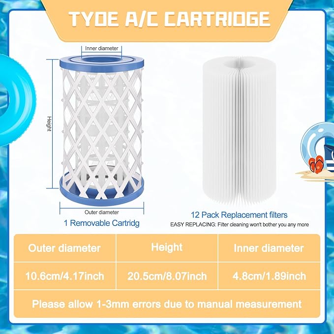 12 Pack Universal Pool Filters Type A Type C or III, Replacement for Pool Filter Cartridge Pump, Reusable Pool Filter Type A/C for Above Ground Swimming Pools, Efficient Filtration & Keep Water Clean