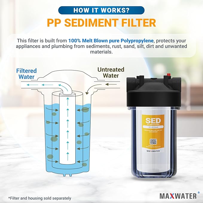 Max Water 5 Micron 10 x 4.5 Whole House Sediment Water Filter Well Water 10-inch Big Water Filter Replacement Cartridge Compatible with W15-PR, DGD-5005, AP810, HD-950A, WFHD13001B, 4-Pack