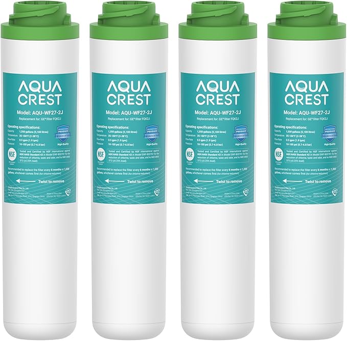 AQUA CREST FQK2J Under Sink Water Filter, Replacement for GE FQK2J, FQK1K, Compatible with GE GXK255TBN, NSF/ANSI 42 372 Certified, 1350 Gallons Dual Flow Drinking Water Replacement Filters, 4 Pack