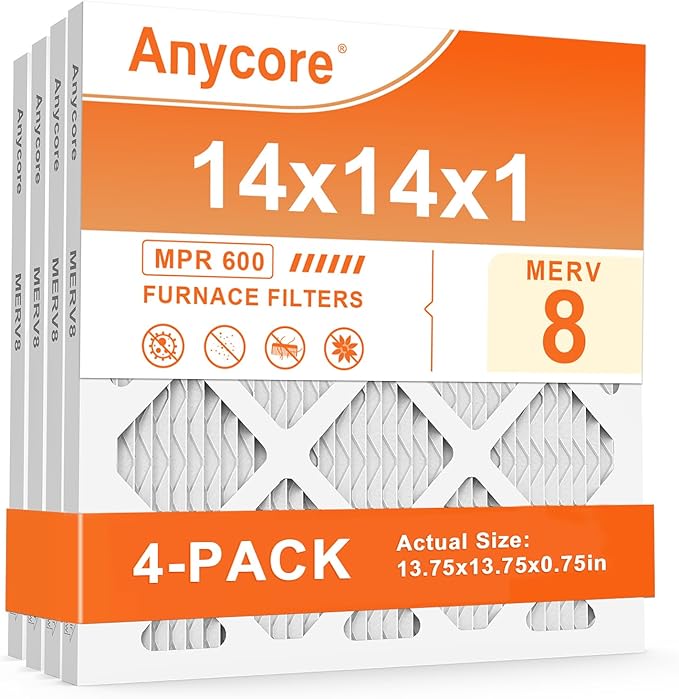 14x14x1 Air Filter 4 Pack MERV 8 HVAC AC Furnace Pleated Air Filters for Home Office MPR 600 FPR 5 (Actual Size: 13.75x13.75x0.75 inch)