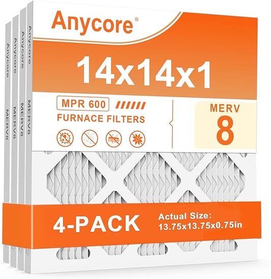 14x14x1 Air Filter 4 Pack MERV 8 HVAC AC Furnace Pleated Air Filters for Home Office MPR 600 FPR 5 (Actual Size: 13.75x13.75x0.75 inch)