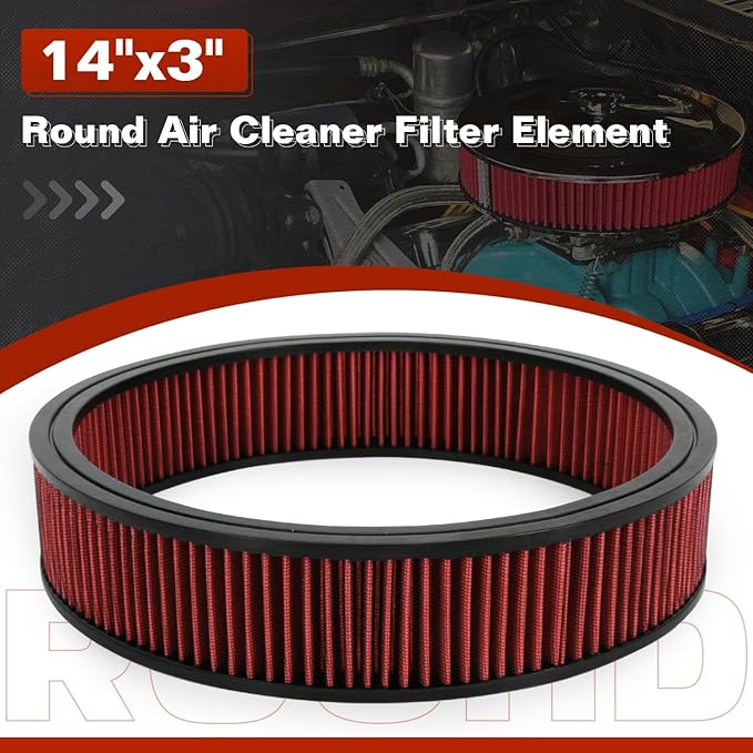 PTNHZ Red Round Air Cleaner Filter Element High Flow Replacement With Chevy Buick Ford GMC Oldsmobile Pontiac (14" x 3")