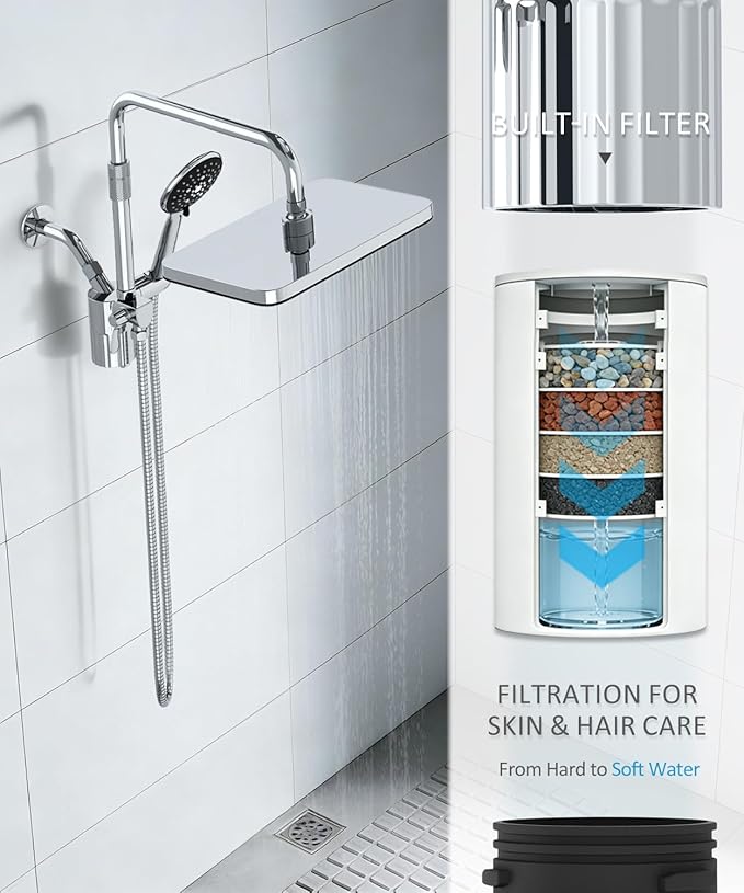 Filtered Shower Head with Handheld,12 Inch High Pressure Rain Shower Head with Adjustable Extension Arm,Dual shower filter head for hard water,Tool-Free DIY Kit,Chrome