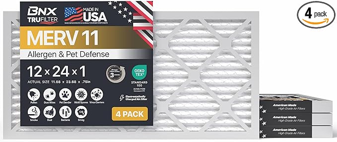 BNX TruFilter 12x24x1 Air Filter MERV 11 (4-Pack) - MADE IN USA - Allergen Defense Electrostatic Pleated Air Conditioner HVAC AC Furnace Filters for Allergies, Dust, Pet, Smoke, Allergy MPR 1200 FPR 7