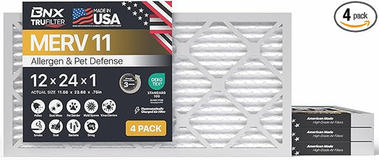 BNX TruFilter 12x24x1 Air Filter MERV 11 (4-Pack) - MADE IN USA - Allergen Defense Electrostatic Pleated Air Conditioner HVAC AC Furnace Filters for Allergies, Dust, Pet, Smoke, Allergy MPR 1200 FPR 7