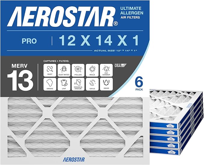 Aerostar 12x14x1 MERV 13 Pleated Air Filter, 6 Pack, AC Furnace Filters, HVAC Filter, Air Conditioner Filters, Heater Filters Replacement for Home (Actual Size: 12x14x1)