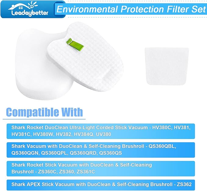 Leadaybetter Filter Replacement for Shark Rocket DuoClean HV380 HV380C HV380W HV381 HV381C HV382 HV384Q UV380 ZS360 ZS360C ZS361C ZS362 Vacuum, Replace Part # XPMFK320 & XPSTFH380