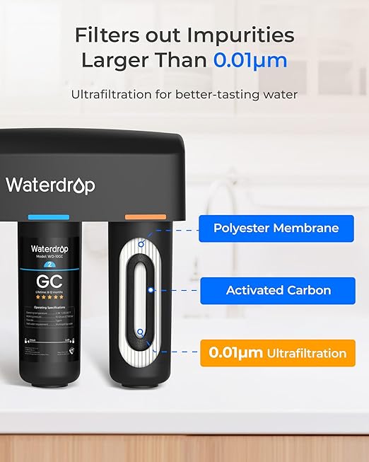 Waterdrop TSB-UF 0.01 μm Ultra Filtration Under Sink Water Filter System, 9 Layer Under Sink Water Filtration System, Reduces Chlorine, Fluoride, Taste&Odor, with Dedicated Faucet, Easy Installation