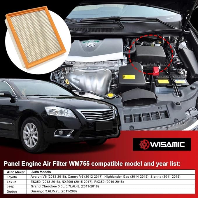 WISAMIC Engine Air Filter CA10755 Replace for Some Lexus, Toyota, Jeep （Non-Diesel）, Dodge and Camry models, Provides Up to 12 Months or 12,000 Miles Filter Protection
