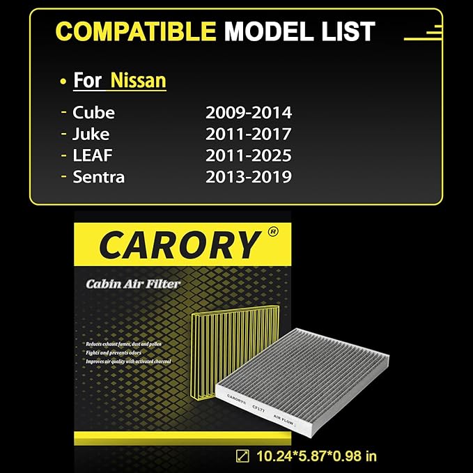 CARORY Cabin Air Filter w/Activated Carbon for 2009-2014 Nissan Cube, 2011-2017 Juke, 2011-2025 LEAF, 2013-2019 Sentra, 27277-3DF0A, 27891-1FC0A, 27891-1FD0A, 27891-3DF0A, 2014 2015 2016 2017 2018