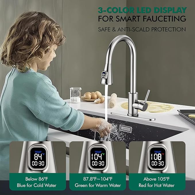 HOMELODY LED Temperature Display Kitchen Faucet with Pull Down Sprayer - Brushed Nickel Single Handle Kitchen Sink Faucet, High Arc Stainless Steel Design for RV Laundry Farmhouse Bar