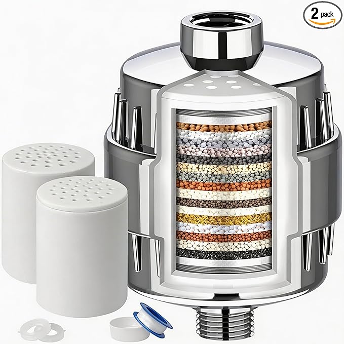 25 Stage Shower Filter-Shower Head Filter for Hard Water, with 2 Replaceable Cartridges, High Output Shower Water Filter – Remove Chlorine, Heavy Metals, Iron & Sediments, Polished Chrome