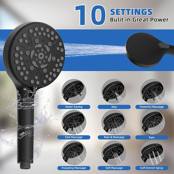 All Metal Black Shower Head, 10" High Pressure Rainfall/Handheld Shower Combo with 11" Extension Arm, 10-Spray Handheld Showerhead, 71" Long Hose, 3-Way Diverter Valve, Matte Black