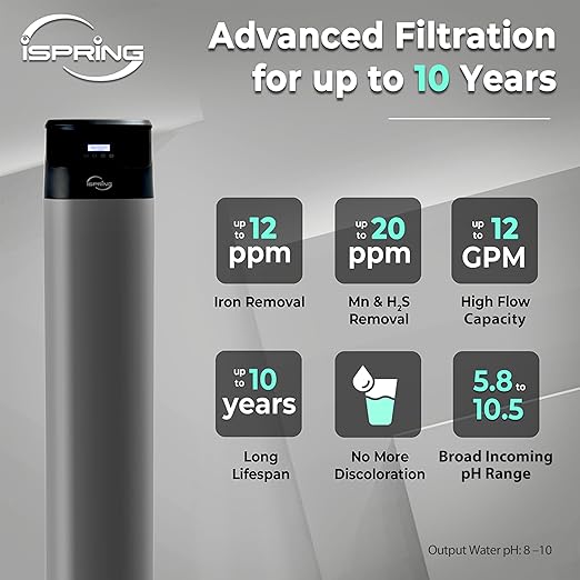 iSpring Elite Series Iron, Manganese, and Hydrogen Sulfide Reducing Whole House Water Filtration System, Model: WCFM550K