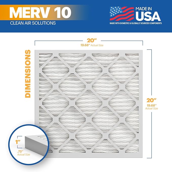 BNX TruFilter 20x20x1 MERV 10 (2-Pack) AC Furnace Air Filter - MADE IN USA - Pleated Air Conditioner HVAC AC Furnace Filters - Removes Odor, Mold, Bacteria, Smoke