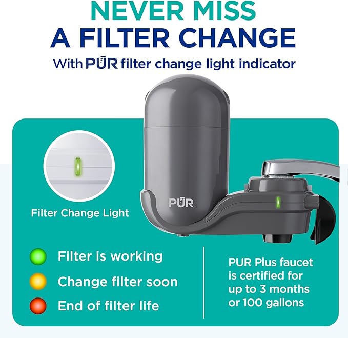 PUR Plus Vertical Faucet-Mount Water Filtration System, Lead-Reducing Filter, Easy Installation, 100-Gallon Capacity, Compatible with External Aerators, Grey