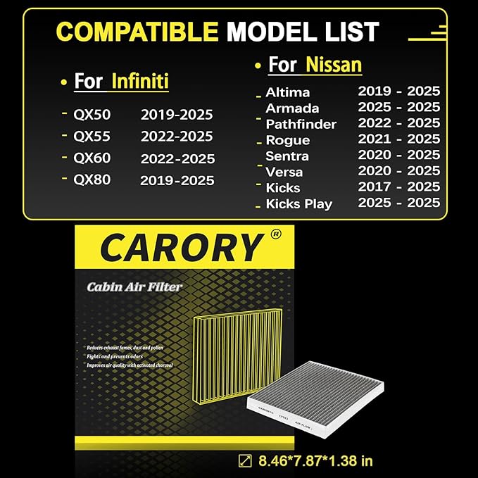 CARORY Cabin Air Filter w/Activated Carbon for Nissan Rogue 21-25, Altima 19-25, Kicks 17-25, Pathfinder 22-25, Sentra 20-25, Versa 20-25, Infiniti QX50 19-25, QX55 22-25, QX60 22-25, QX80 19-25