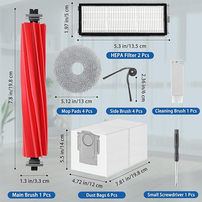 Accessories Replacement Kit for Roborock Qrevo Serie - QV 35A/QV 35S, Qrevo S Pro, QR 598/QR 798 Robot Vacuum, 1 Main Brush, 4 Mop Clothes, 2 Filters, 4 Side Brushes, 6 Dust Bags