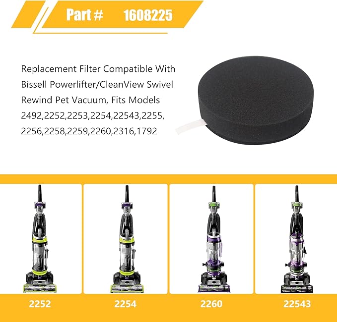 Replacement Filter Compatible with Bissell Powerlifter/CleanView Swivel Rewind Pet Vacuum,Fits Models 2492,2252,2253,2254,22543,2259,2255,2256,2258,2260,1792 Part # 1608225 (Black-4 Pack)