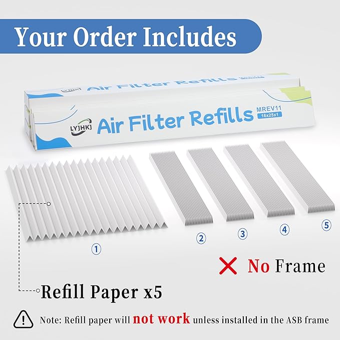 5 Pack 16x25x1 MERV 11 Air Filter Refills, Replaceable Filter Media only for 16x25x1 Reusable Frame (Frame Not Included)