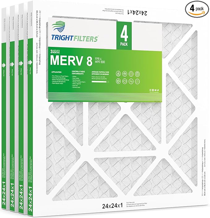 TRIGHTFILTERS 24x24x1 Air Filter 4 Pack, MERV 8 Pleated Dust Defense Air Filters Replacement Air Conditioner HVAC AC Furnace Filter, Durable and Lightweight