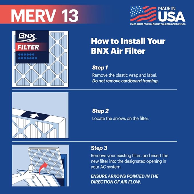 BNX TruFilter 14x20x1 Air Filter MERV 13 (6-Pack) - MADE IN USA - Electrostatic Pleated Air Conditioner HVAC AC Furnace Filters for Allergies, Pollen, Mold, Bacteria, Smoke, Allergen, MPR 1900 FPR 10