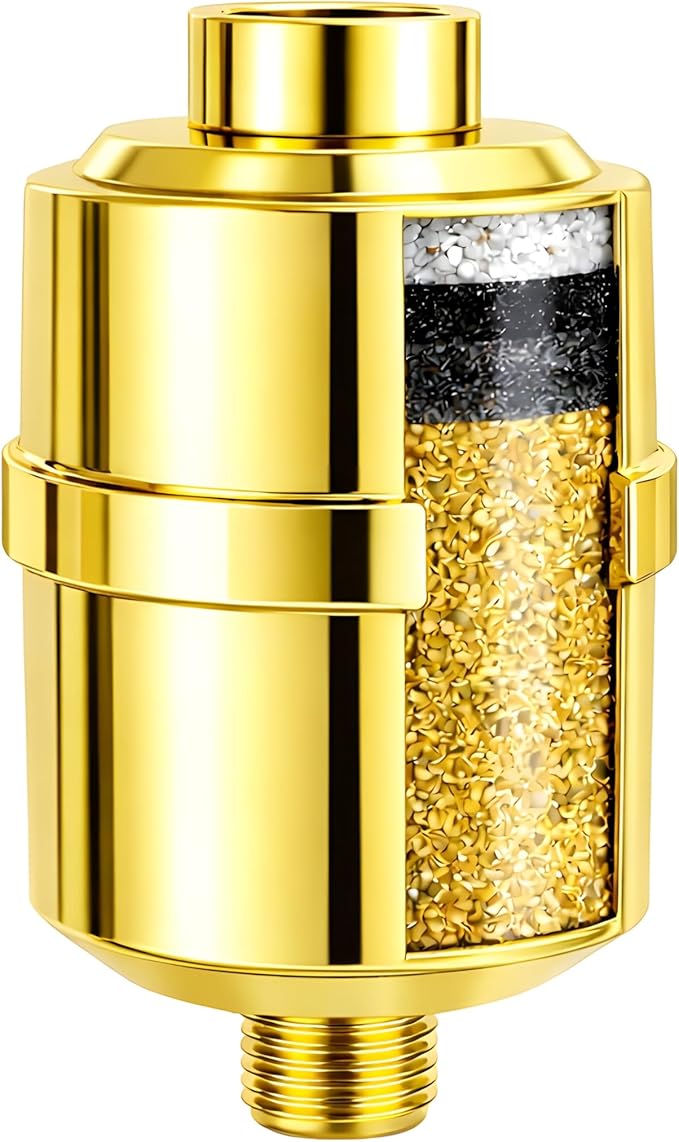 Crystal Quest Shower Filter, Shower Head Filter for Hard Water, Shower Water Filter Removes Chlorine, chloramines & VOCs, Filter Shower Head, Improves Skin & Hair, Long-Lasting - ISO Certified, Gold