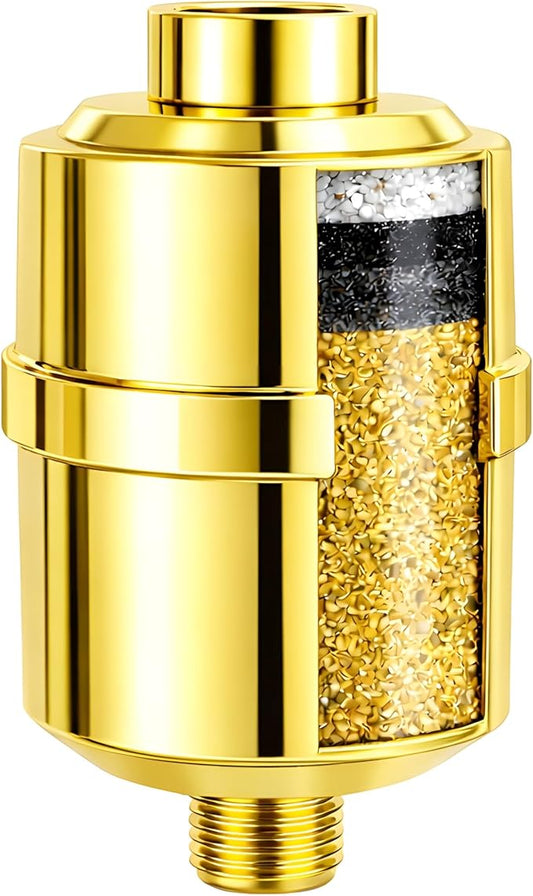Crystal Quest Shower Filter, Shower Head Filter for Hard Water, Shower Water Filter Removes Chlorine, chloramines & VOCs, Filter Shower Head, Improves Skin & Hair, Long-Lasting - ISO Certified, Gold