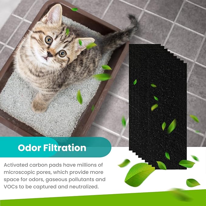 MEDUWEDU 9-Pack 3.6" x 10" Carbon Filter Pads for Automatic & Dome-Style Cat Litter Boxes – Activated Charcoal Liners for Odor Control