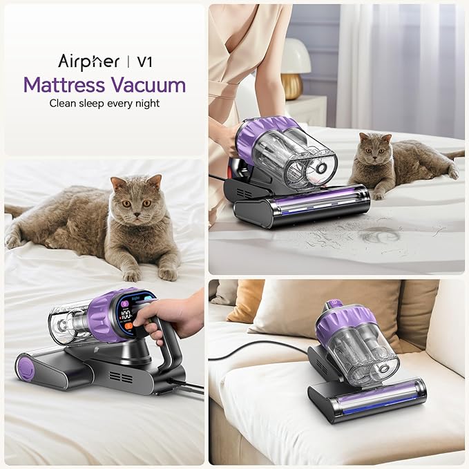 Mattress Vacuum Cleaner 18Kpa Bed Vacuum Cleaner with Smart Dust Sensor,253.7nm UV-C Light,HEPA Filter,150°F Heat,500W Powerful Handheld,for Bed,Sofa,Couch,Crib Gift Ideas for Women
