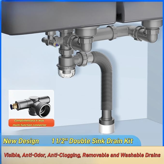 Double Sink Drain Kit Space Saving Kitchen Sink Drain Kit Expandable Flexible 1 1/2" P-Trap Pipe Comes with 4-Way Fitting Adapter for Water Filter and Dishwasher