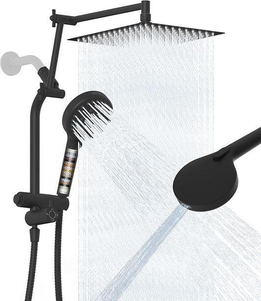 12" Black All-Metal High-Pressure Rain Shower Head with Handheld- 10-Spray Power Wash with Shower Filter, Easy Reach 4-Way Diverter with Pause Mode, Adjustable 16" Extension Arm/Holder/ 71" Hose