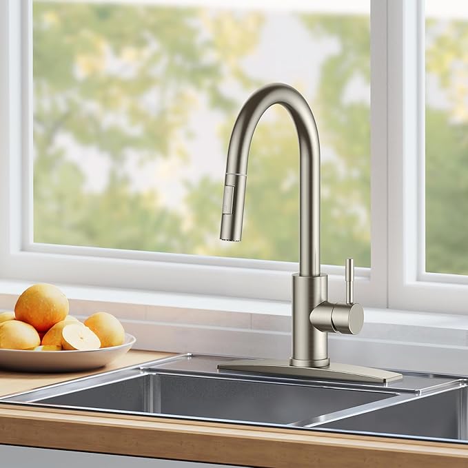 FORIOUS Kitchen Faucet with Pull Down Sprayer, Brushed Nickel High Arc Modern Classic Sink Faucet Stainless Steel with Deck Plate Fit for 1 or 3 Hole for Pot Filler Bar Farmhouse Laundry Rv