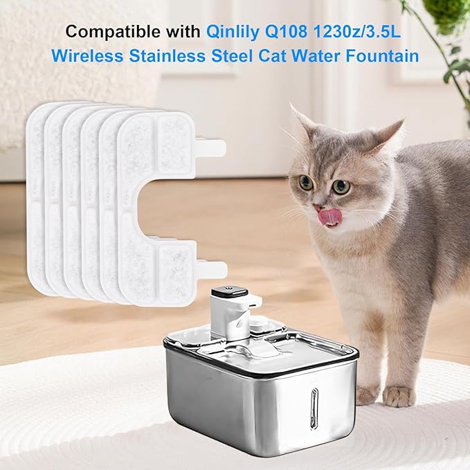 12 Pack Cat Water Fountain Filters Replacement & Pump Sponges Filter Compatible with Qinliy Q108 123oz/3.5L Wireless Cat Water Fountain, High Filtration Cat Water Filter