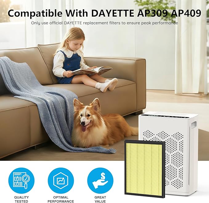 DAYETTE H14 Replacement Filter Compatible AP309/409 Air Purifiers, 4-in-1 H14 Grade True HEPA High-Efficiency Activated Carbon for Pet Dander Odor, 1 Pack
