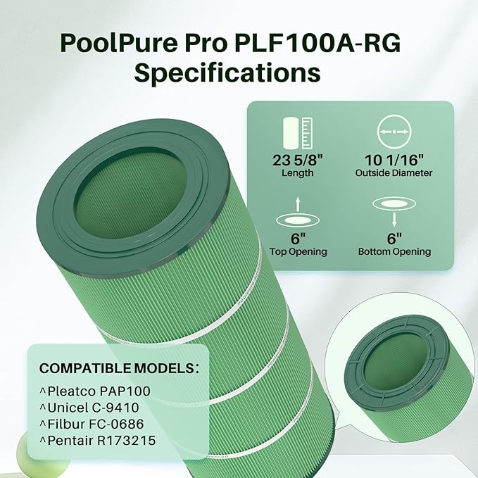 POOLPURE PAP100 Antimicrobial Pool Filter, Compatible with CCRP100, PAP100, Ultral-C3, Unicel C-9410, R173215, Filbur FC-0686, 59054200, 160316, 160354, L x OD:23 5/8" x 10 1/16"