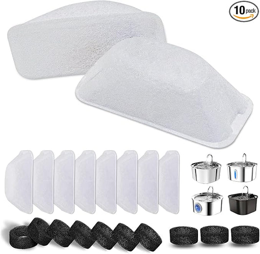 20 Pack Replacement Filters for 3.2L/2.5L Cat Water Fountain, 10 Pack Filters and 10 Pre-Filter Sponges, Multi-Layer Filtration System for Pet Fountain, Removes Impurities and Odors