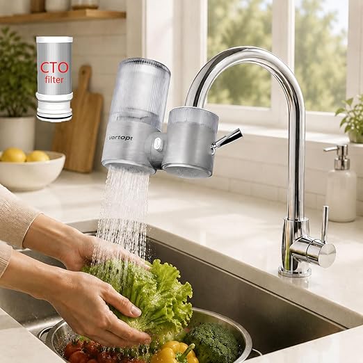 Vortopt Faucet Water Filter,360° Rotary Kitchen Faucet Filter with Carbon Block Filter,350 Gallon NSF Certified Agua Purifier,Can Reduce 99% Chlorine,Improve Taste,Drinking Water Filter,T10-Silvery.