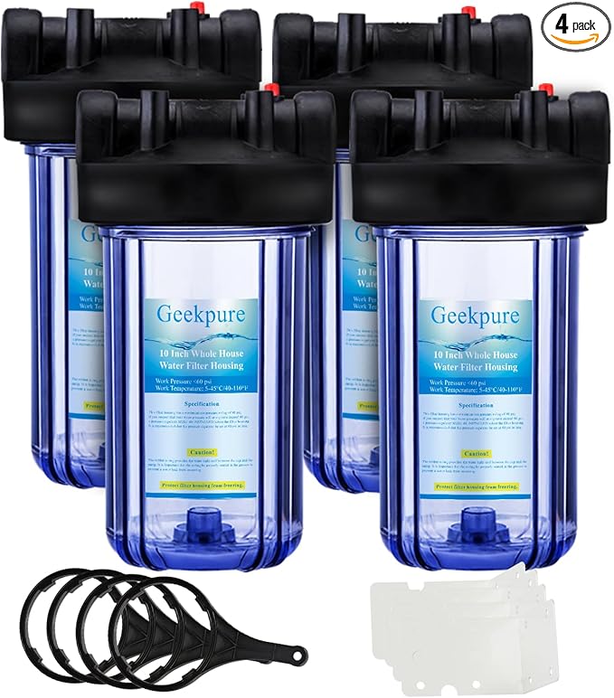 Geekpure 10 Inch Water Filter Housing for Whole House Water Filtration with Wrench Bracket -1" Port-Clear -4.5" x 10"-Pack of 4