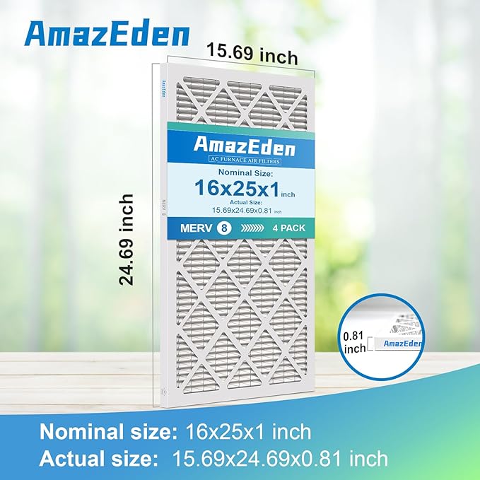 16x25x1 Air Filter MERV 8 (4-Pack) MPR 600 FPR 5 HVAC AC Furnace Pleated Filters Dust Defense Replacement for Home Office (Actual Size: 15.69x24.69x0.81 Inches)